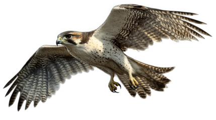 Majestic gyrfalcon bird of prey soaring with wide outstretched wings in full flight captured dynamically on transparent background
