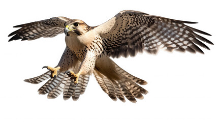 Fototapeta premium Majestic gyrfalcon bird of prey captured mid-flight displaying powerful wingspan and sharp talons in stunning detail on transparent background
