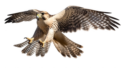 Majestic gyrfalcon bird of prey captured mid-flight displaying powerful wingspan and sharp talons in stunning detail on transparent background