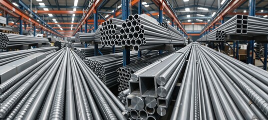 Various metal pipes, tubes, and bars stacked in an industrial warehouse