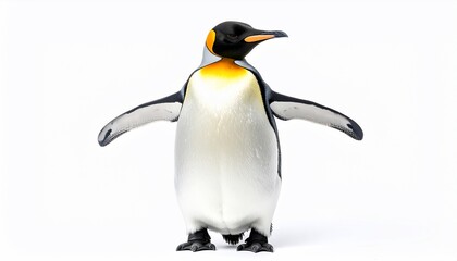 Fototapeta premium A vibrant king penguin stands with wings slightly spread, isolated on white