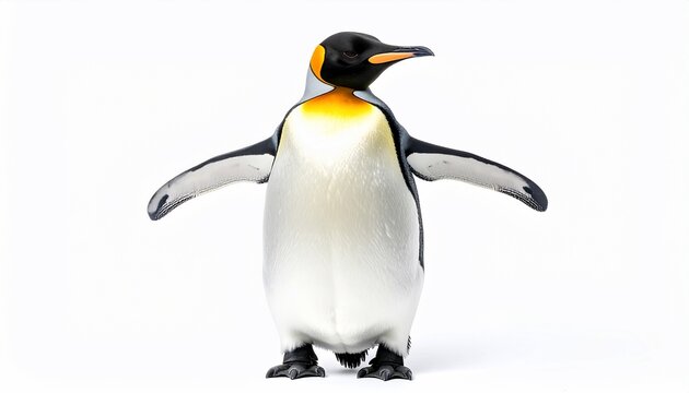 A vibrant king penguin stands with wings slightly spread, isolated on white