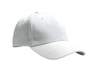 A plain white baseball cap on a black background, angled right