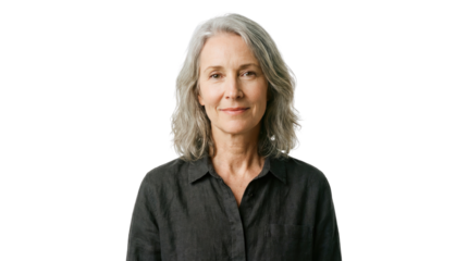 Portrait of a woman with gray hair wearing a black shirt against a plain white background high-key lighting with cutout object