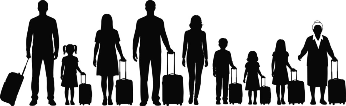 Silhouette of diverse travelers walking with luggage, family group journey, airport people, tourism mobility, vacation trip vector illustration