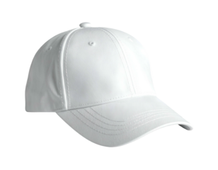 White baseball cap with curved brim, on black background, clean design