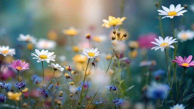 Vibrant field of wildflowers with daisies and blue cornflowers in soft focus, 4k video