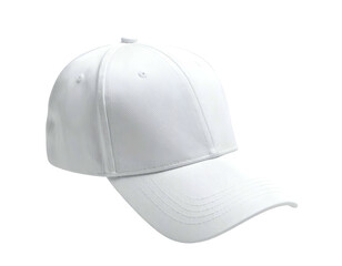 A white, curved-brim hat, slightly angled, against a dark background