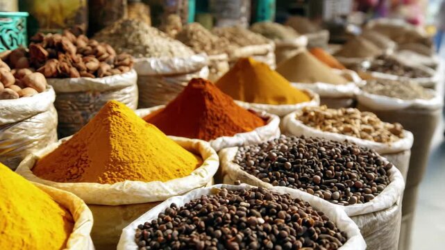 Vibrant display of colorful spices and whole ingredients in open sacks at a market stall, 4k video