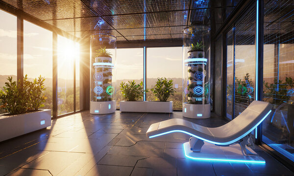 Solar Charging Lounge. A relaxation space with photovoltaic glass walls converting sunlight to ambient lighting, furniture surfaces doubling as wireless