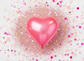 Pink heart shaped balloon surrounded by festive confetti and stars