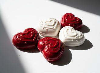 Heart shaped chocolates in red and white on a white surface
