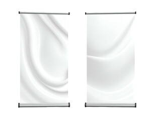 Two vertical banner displays on black background, white fabric texture