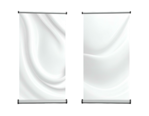 Two vertical banner displays on black background, white fabric texture