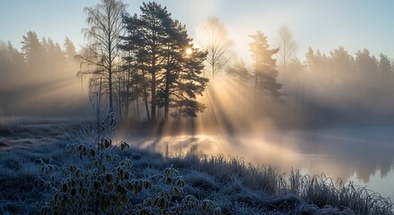 Sunlit forest scene with mist rising from a calm lake during early morning hours