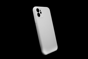 White Mobile phone case isolated on black background. Smart phone case isolated. Modern silicone case for smartphone or phone with cutouts for the camera.