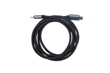 USB Type C cable isolated on white background. Mobile phone charging cable. White Type C cable for charging a smartphone isolated