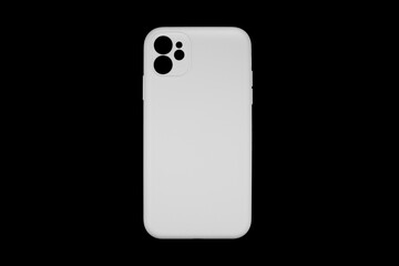 White Mobile phone case isolated on black background. Smart phone case isolated. Modern silicone case for smartphone or phone with cutouts for the camera.