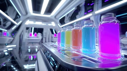 A futuristic lab featuring brightly colored jars filled with liquid, set against a sleek, high-tech backdrop illuminated by vibrant lights.