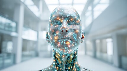 A futuristic, digital humanoid figure with glowing circuitry against a modern, minimalistic background.
