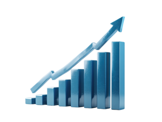 Glossy blue bar graph climbing upward with an arrow against black