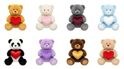 Fototapeta premium Stuffed teddy bear set including various colors, panda, and plush animals holding hearts isolated. Valentine gift and romantic toy collection.
