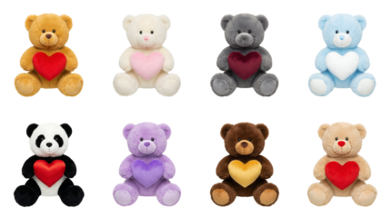 Stuffed teddy bear set including various colors, panda, and plush animals holding hearts isolated. Valentine gift and romantic toy collection.