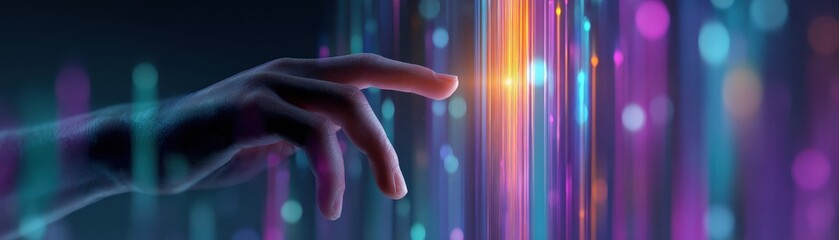 A hand reaches toward vibrant, colorful light beams, symbolizing interaction with technology and digital innovation.