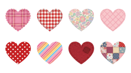 Heart fabric patch set including plaid, floral, quilted, polka dot, striped, and patchwork designs isolated. Scrapbooking and craft collection.