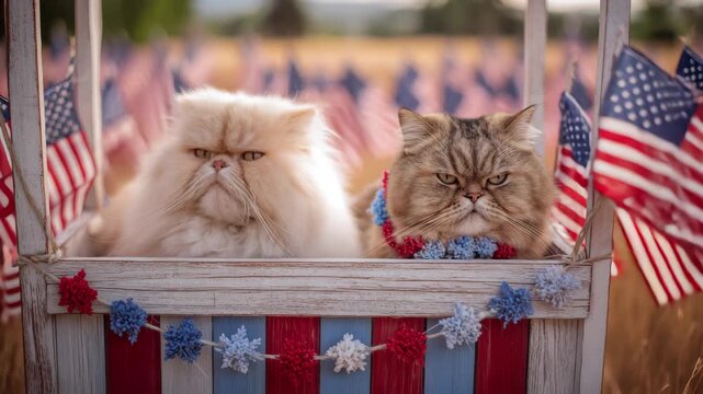 Two grumpy persian cats in a patriotic wagon with american flags, 4k video