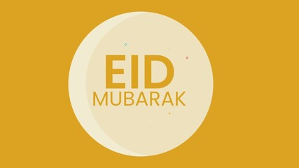 Eid mubarak motion graphic animation with golden crescent moon and geometric particles on yellow background