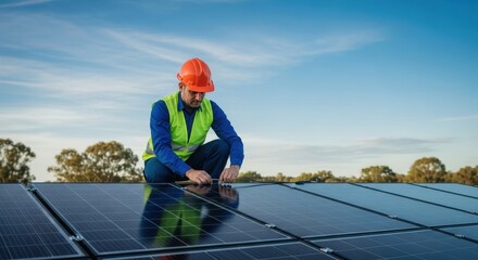 Man in orange hard hat and safety vest installing solar panels on building roof outdoors under a clear blue sky