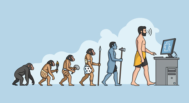 Human evolution from primitive apes to modern office workers using computers is depicted in a series of figures on a light blue background.