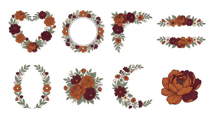Floral frame set including heart, circle, corner, and wreath arrangements with orange and burgundy peonies isolated. Autumn wedding and botanical design collection.