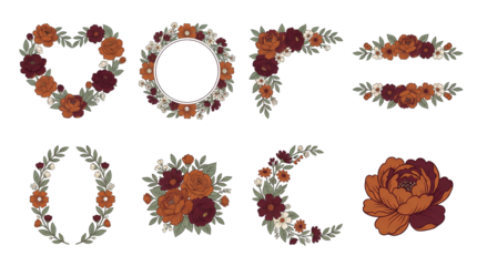 Floral frame set including heart, circle, corner, and wreath arrangements with orange and burgundy peonies isolated. Autumn wedding and botanical design collection.
