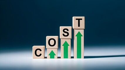 Wooden blocks with black letters spelling 'COST' with green arrows pointing up on a dark blue background with a white surface