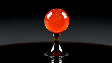 Japanese minimalist art of a single perfect ikura salmon egg balanced on a trembling droplet of dark soy sauce, capturing its spherical perfection and thin membrane 