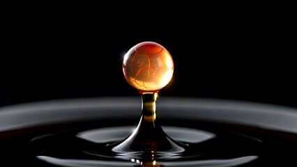 Japanese minimalist art of a single perfect ikura salmon egg balanced on a trembling droplet of dark soy sauce, capturing its spherical perfection and thin membrane 