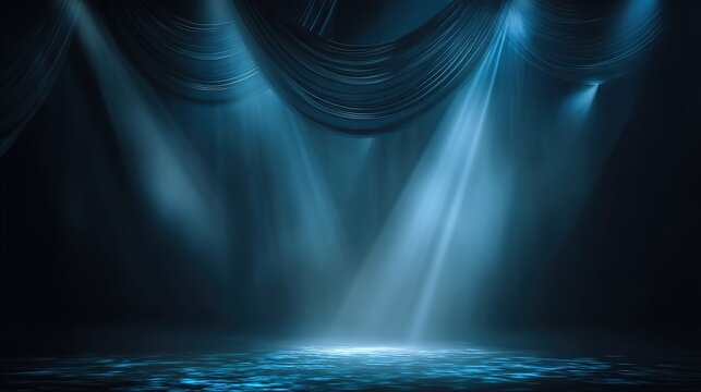 A serene blue-lit stage with flowing curtains, illuminated by soft beams of light, creating an atmospheric and tranquil ambiance.