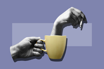 Collage with a male hand holding a yellow mug with a hand holding cigarette inside