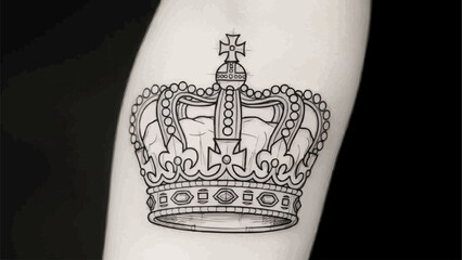 Detailed black and white crown tattoo design on skin.