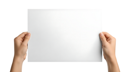 Hands holding a blank white card isolated on a transparent background