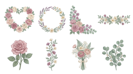 Vintage floral set including rose heart wreath, garden bouquet, corner border, and leafy branches isolated. Elegant watercolor wedding and stationery botanical collection.