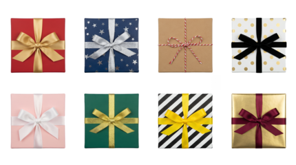 Gift box set including red, blue, kraft, polka dot, pink, green, striped, and gold wrapped presents. Holiday celebration and birthday party collection.