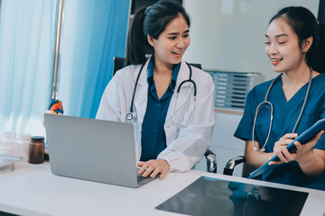 Medical, meeting and laptop for team in office in discussion, brainstorming and planning. Doctor, nurse and computer on desk, teamwork or workshop for Model Internal organ.