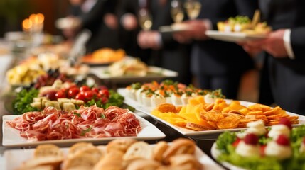 Elegant guests mingle and chat near a lavish buffet filled with a variety of delightful appetizers, creating a festive atmosphere. The scene buzzes with laughter and good cheer
