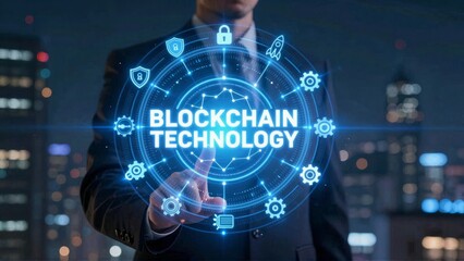 Person pointing at blockchain technology hologram in city night