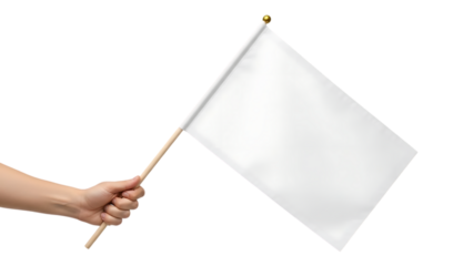 Hand holding a white flag on a stick isolated on a transparent background