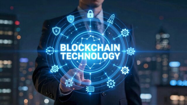 Person pointing at blockchain technology hologram in city night - Powered by Adobe