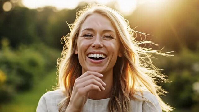 Happy woman with long blonde hair laughing, smiling, and feeling joyful in an outdoor natural setting with soft sunlight